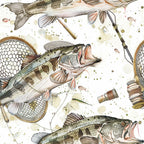 Illustrated pattern of largemouth bass, fishing rods, reels, and nets on a white background.