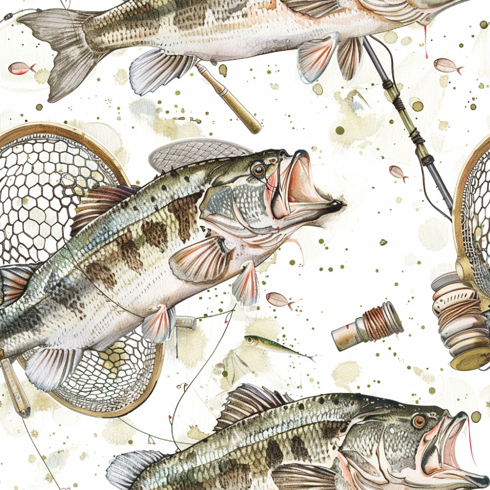 Illustrated pattern of largemouth bass, fishing rods, reels, and nets on a white background.