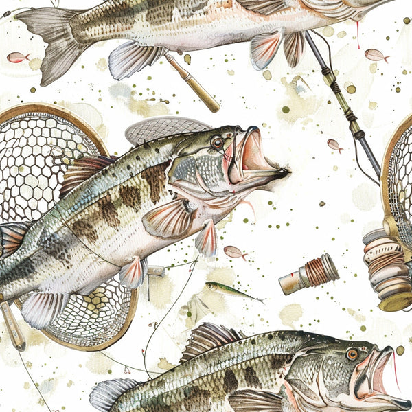 Illustrated pattern of largemouth bass, fishing rods, reels, and nets on a white background.
