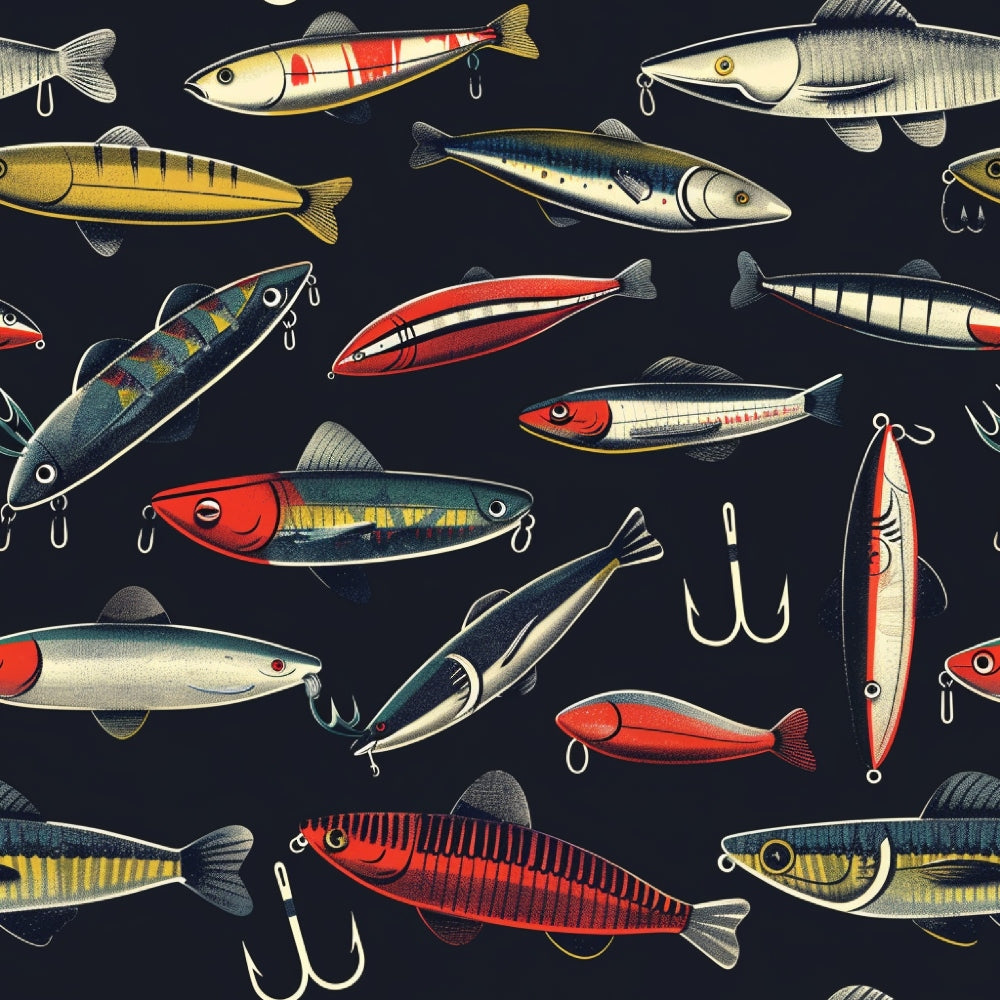 Illustration of various colorful fishing lures in different shapes and sizes against a dark background.