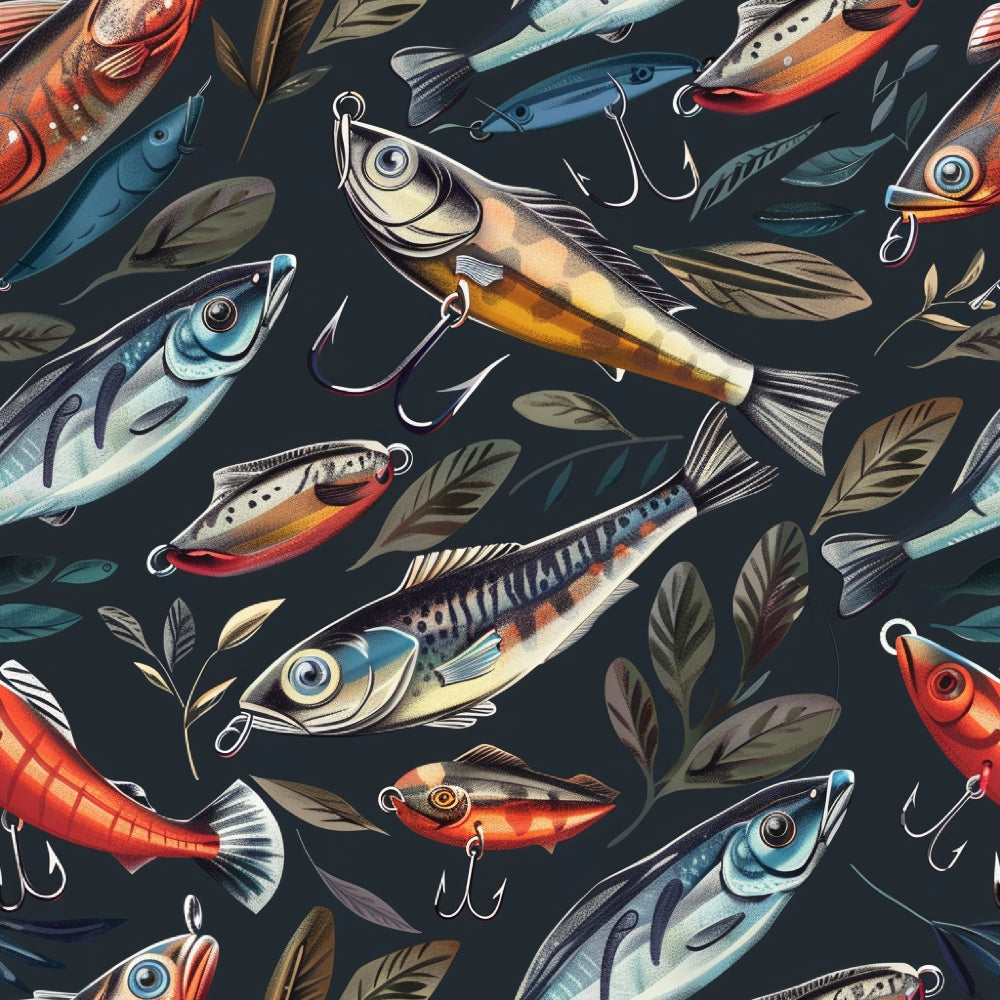Illustrated fishing lures and fish with hooks are arranged on a dark background, surrounded by leaves.