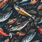 Illustrated fishing lures and fish with hooks are arranged on a dark background, surrounded by leaves.