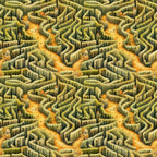 Illustration of a repeating maze pattern with walls made of foliage and pathways in sandy yellow, featuring small houses and trees scattered throughout.