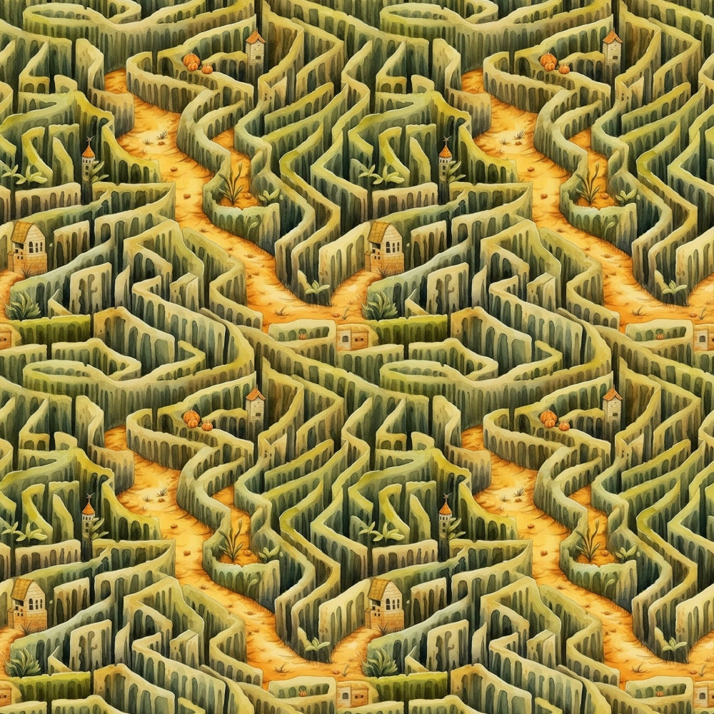 Illustration of a repeating maze pattern with walls made of foliage and pathways in sandy yellow, featuring small houses and trees scattered throughout.