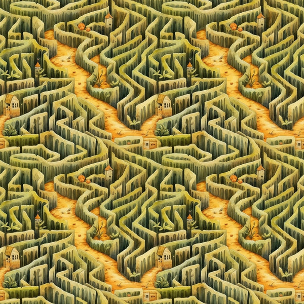 Illustration of a repeating maze pattern with walls made of foliage and pathways in sandy yellow, featuring small houses and trees scattered throughout.