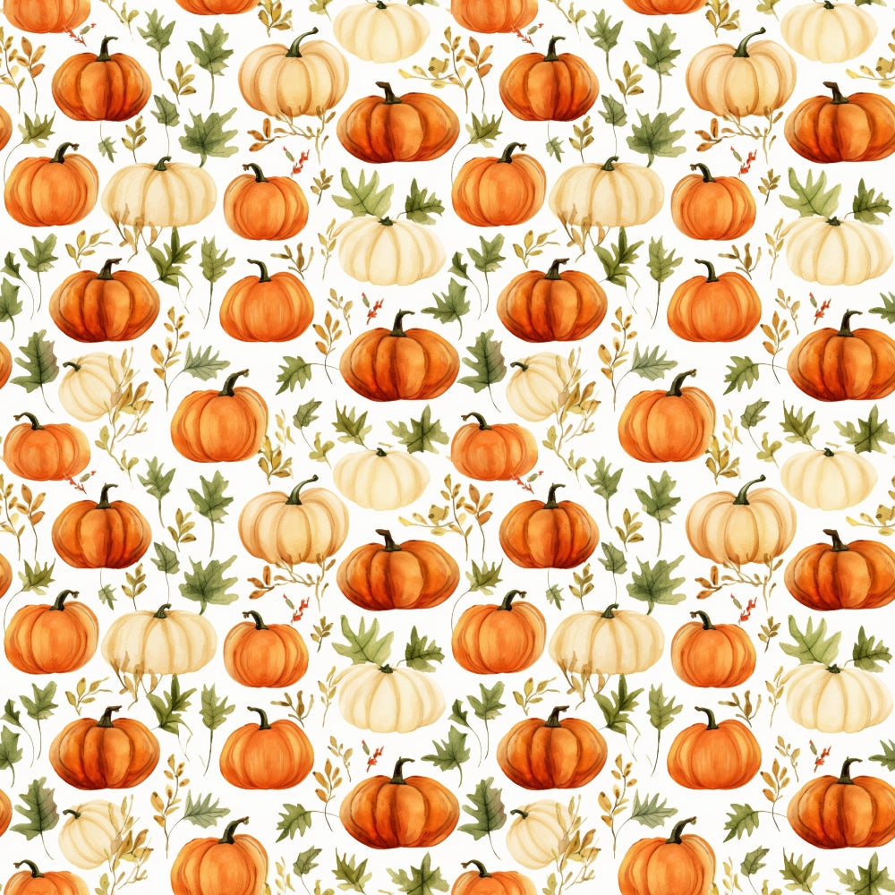 Pattern of orange and white pumpkins with green leaves and small branches on a white background.