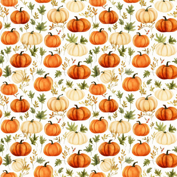 Pattern of orange and white pumpkins with green leaves and small branches on a white background.
