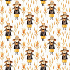 Pattern of scarecrows in hats and yellow skirts with wheat and floral elements on a white background.
