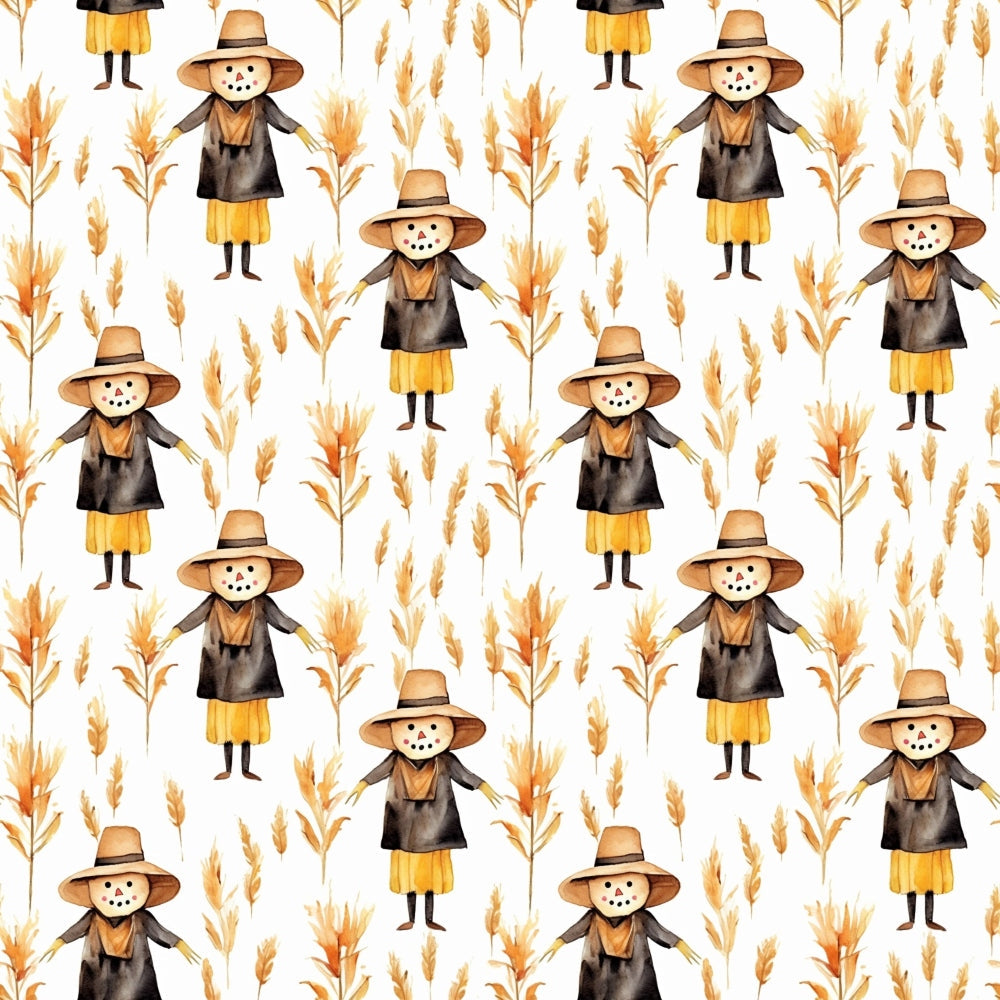 Pattern of scarecrows in hats and yellow skirts with wheat and floral elements on a white background.