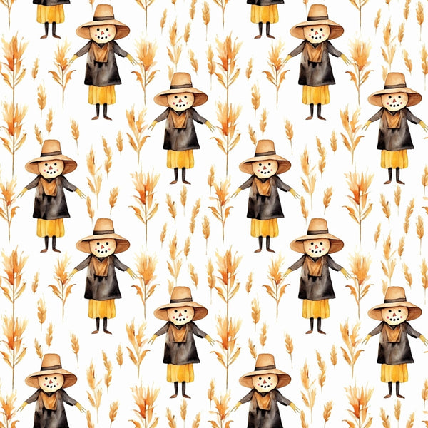 Pattern of scarecrows in hats and yellow skirts with wheat and floral elements on a white background.