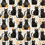 Pattern of black cats with green eyes, surrounded by orange pumpkins and autumn leaves on a white background.
