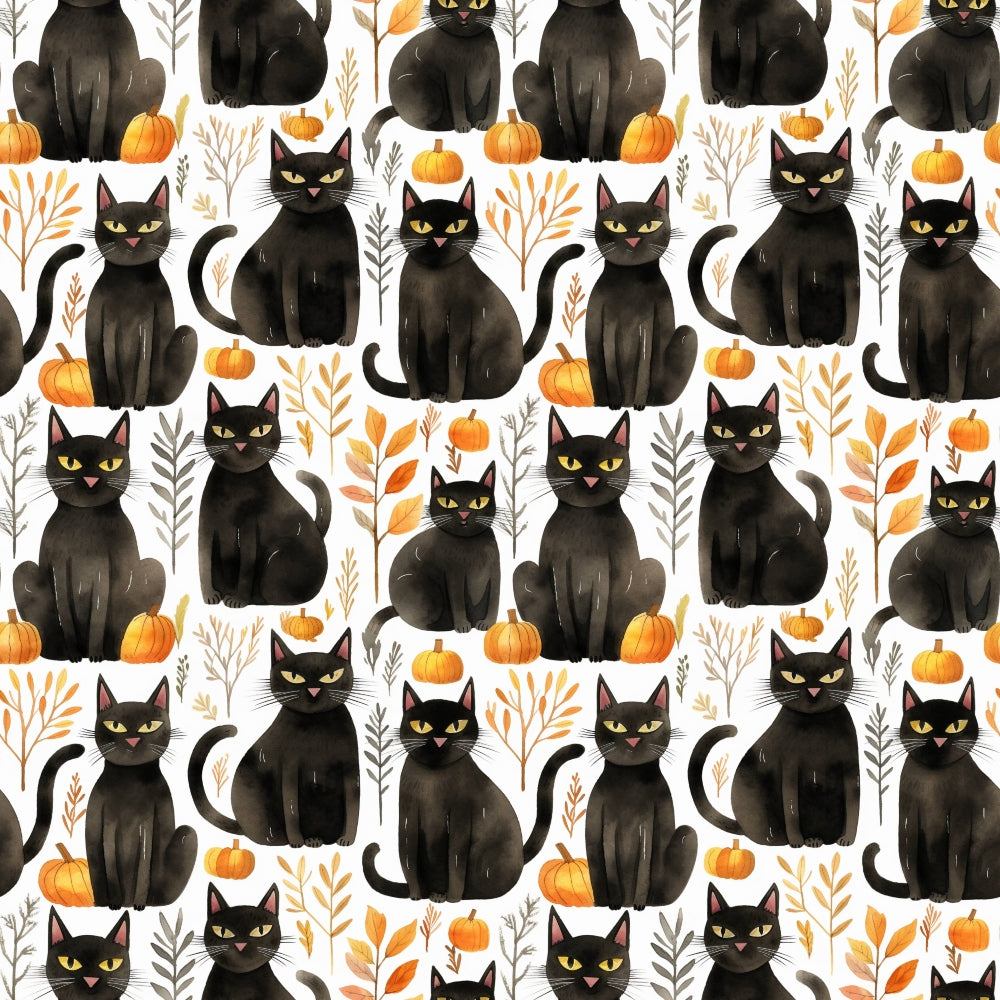 Pattern of black cats with green eyes, surrounded by orange pumpkins and autumn leaves on a white background.