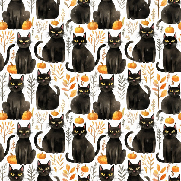 Pattern of black cats with green eyes, surrounded by orange pumpkins and autumn leaves on a white background.