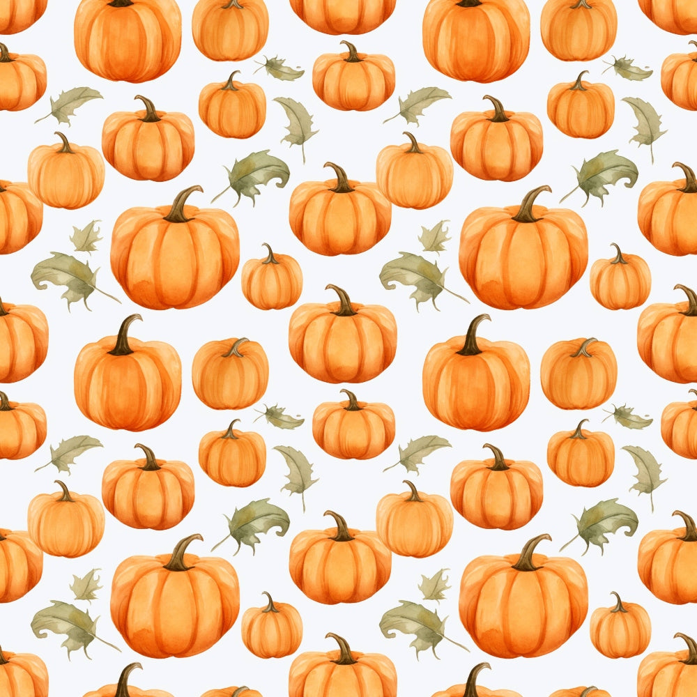Pattern of various sized orange pumpkins and green leaves on a light background.