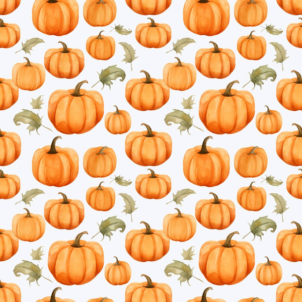 Pattern of various sized orange pumpkins and green leaves on a light background.