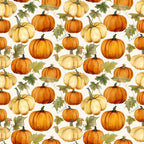 Seamless pattern of various orange and cream pumpkins with green leaves on a light background.