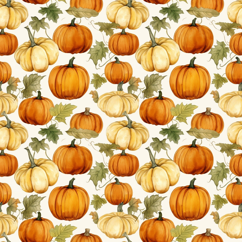 Seamless pattern of various orange and cream pumpkins with green leaves on a light background.
