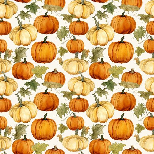 Seamless pattern of various orange and cream pumpkins with green leaves on a light background.