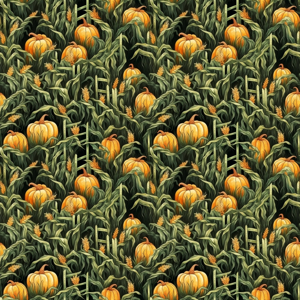 Seamless pattern of orange pumpkins, green leaves, and corn stalks.