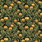 Seamless pattern of orange pumpkins, green leaves, and corn stalks.