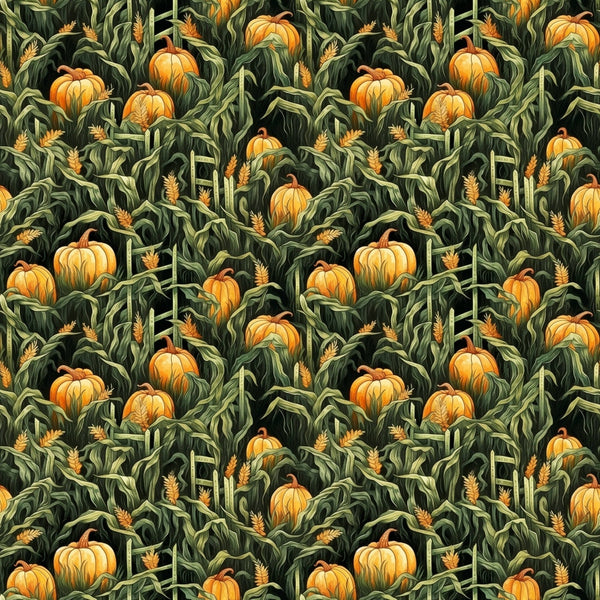 Seamless pattern of orange pumpkins, green leaves, and corn stalks.