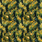 Pattern of corn plants with cobs and pumpkins among green leaves on a dark background.