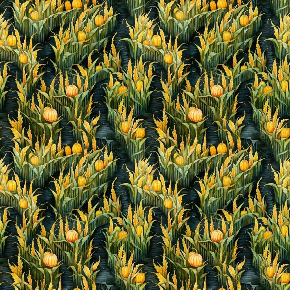 Pattern of corn plants with cobs and pumpkins among green leaves on a dark background.