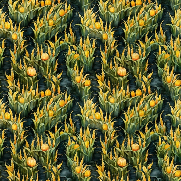 Pattern of corn plants with cobs and pumpkins among green leaves on a dark background.