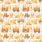 Illustration pattern featuring wooden carts with pumpkins, surrounded by autumn leaves and wheat.
