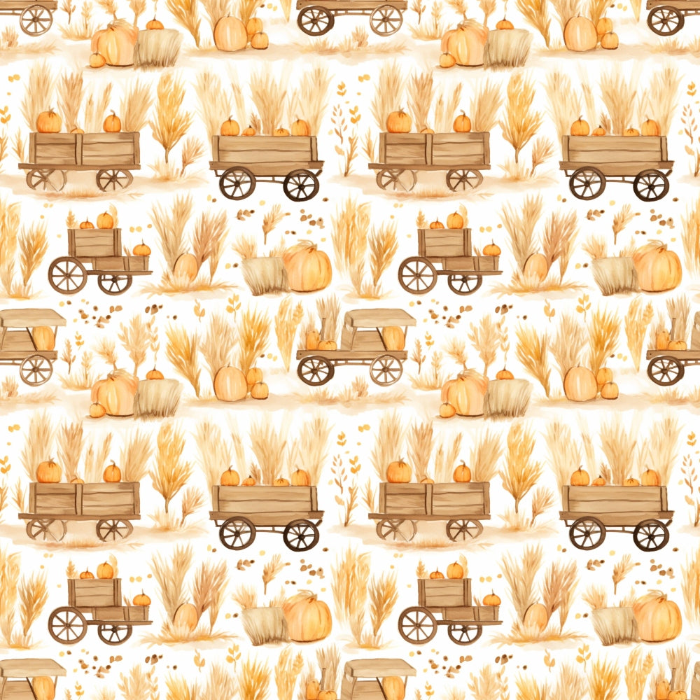 Illustration pattern featuring wooden carts with pumpkins, surrounded by autumn leaves and wheat.