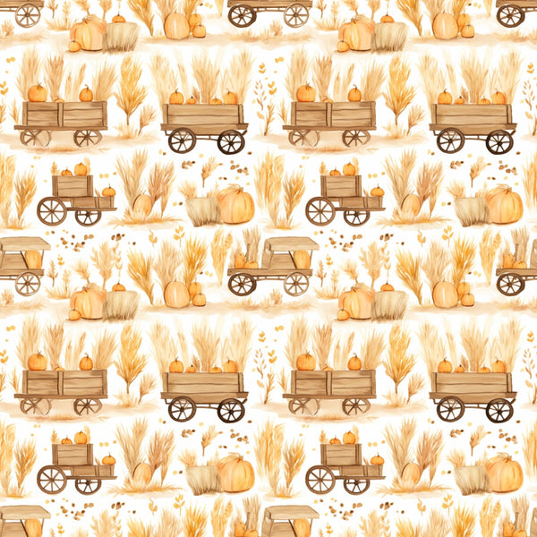 Illustration pattern featuring wooden carts with pumpkins, surrounded by autumn leaves and wheat.