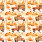 Pattern of vintage trucks filled with pumpkins and various autumn elements like leaves and gourds, set in a repeated design with warm orange tones.