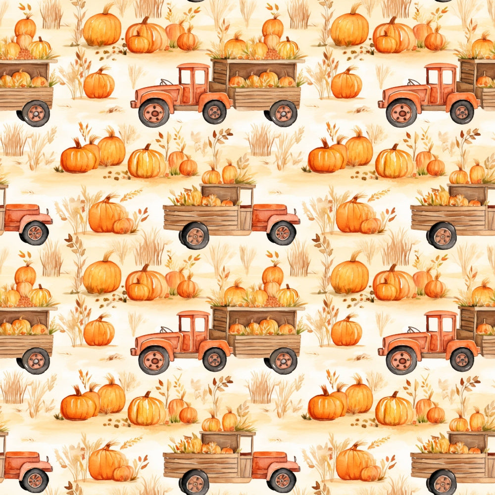 Pattern of vintage trucks filled with pumpkins and various autumn elements like leaves and gourds, set in a repeated design with warm orange tones.