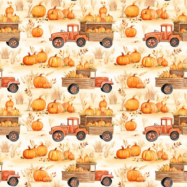 Pattern of vintage trucks filled with pumpkins and various autumn elements like leaves and gourds, set in a repeated design with warm orange tones.