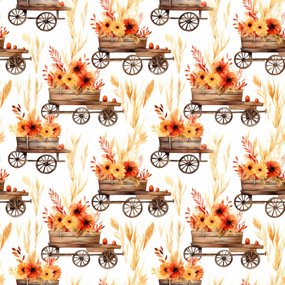 Pattern of wooden carts filled with orange and yellow flowers, interspersed with autumn leaves, on a white background.