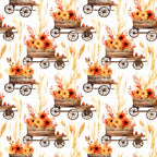 Pattern of wooden carts filled with orange and yellow flowers, interspersed with autumn leaves, on a white background.
