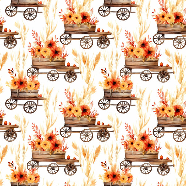 Pattern of wooden carts filled with orange and yellow flowers, interspersed with autumn leaves, on a white background.