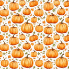 Pattern of orange pumpkins and autumn leaves on a white background.