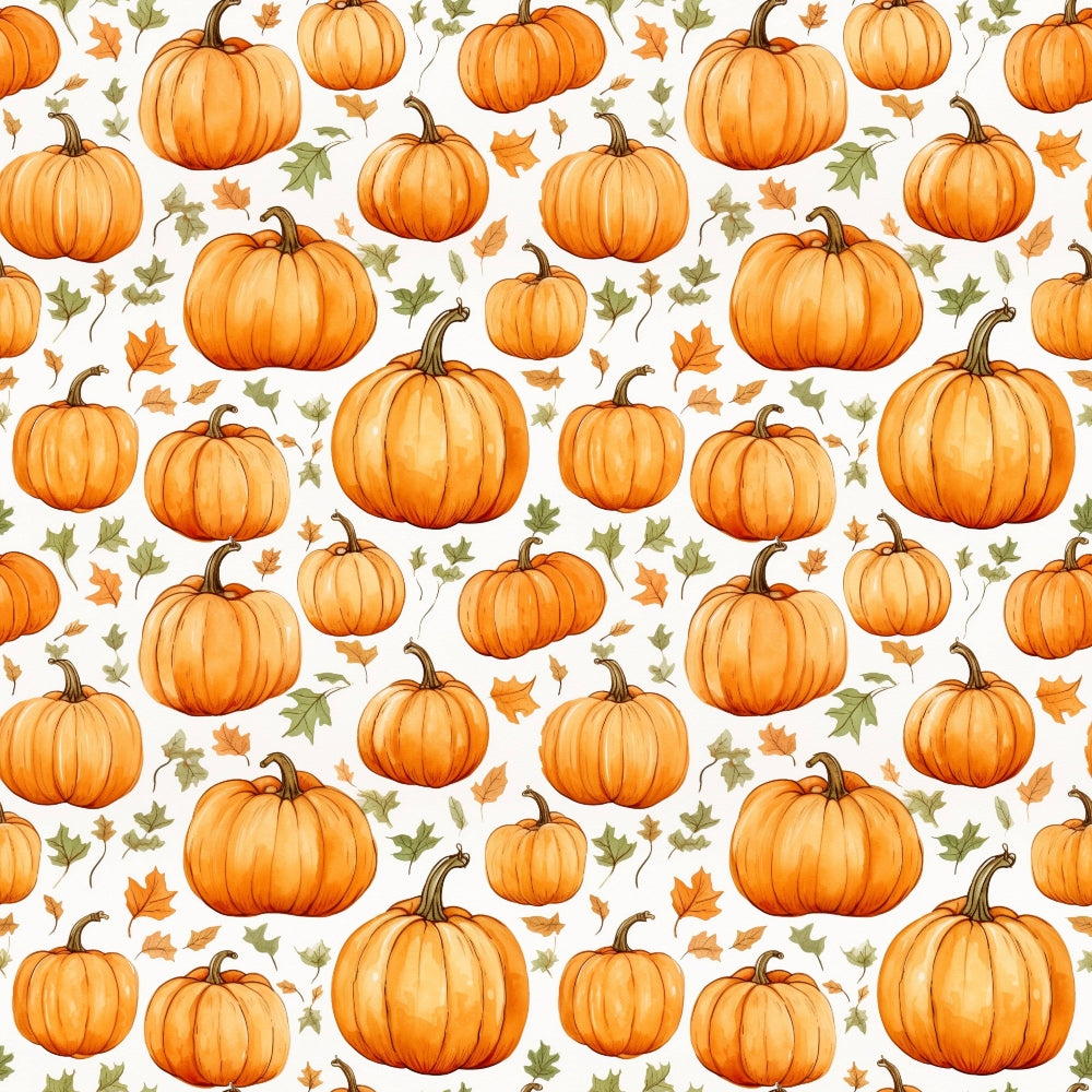Pattern of orange pumpkins and autumn leaves on a white background.