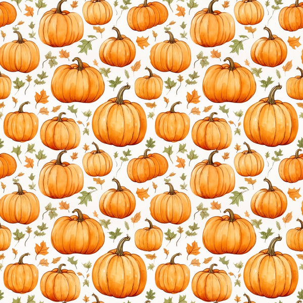 Pattern of orange pumpkins and autumn leaves on a white background.