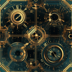 Intricate steampunk clockwork design featuring multiple ornate gears and clock faces in gold and bronze tones on a dark background.