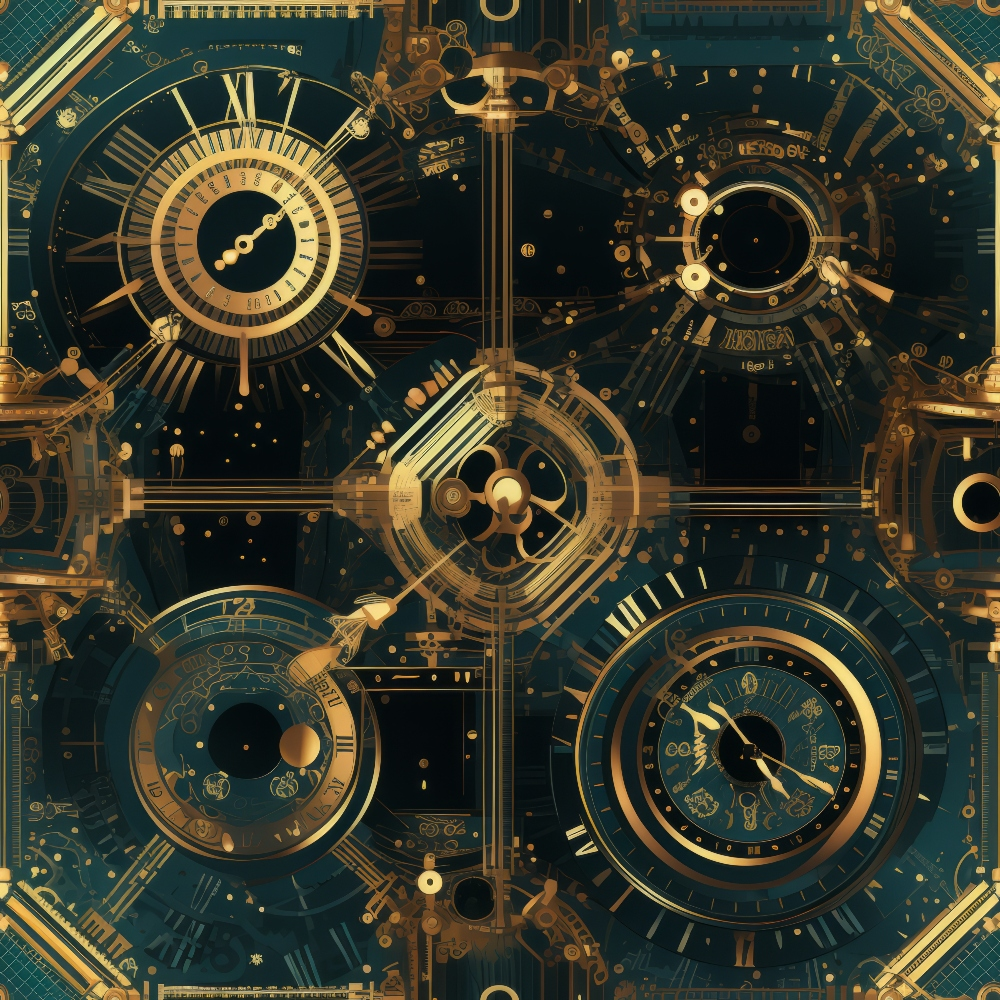 Intricate steampunk clockwork design featuring multiple ornate gears and clock faces in gold and bronze tones on a dark background.