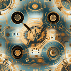 Abstract design featuring interconnected gears and mechanical elements in blue and gold tones.
