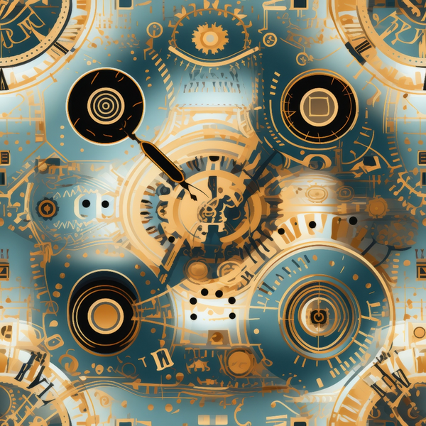 Abstract design featuring interconnected gears and mechanical elements in blue and gold tones.