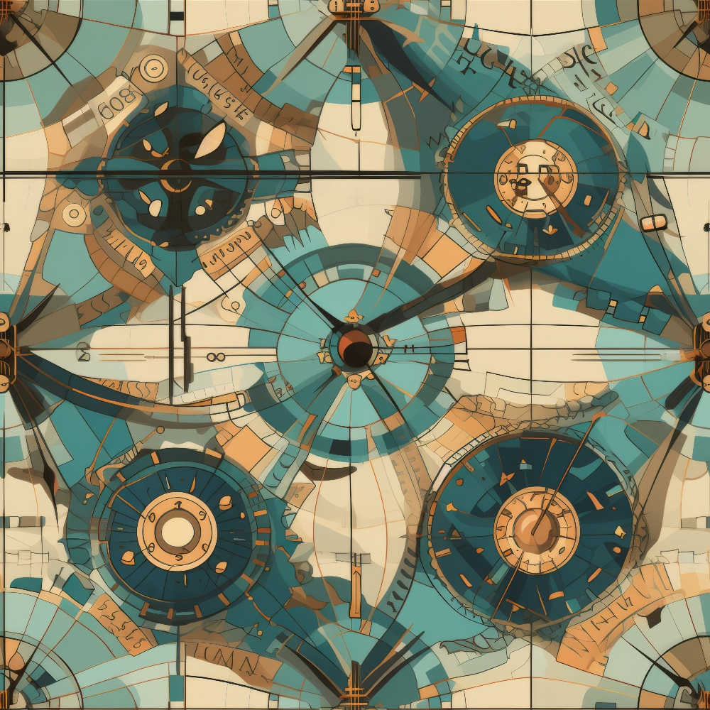Abstract artwork featuring interconnected circular and geometric shapes in blue, beige, and orange tones.