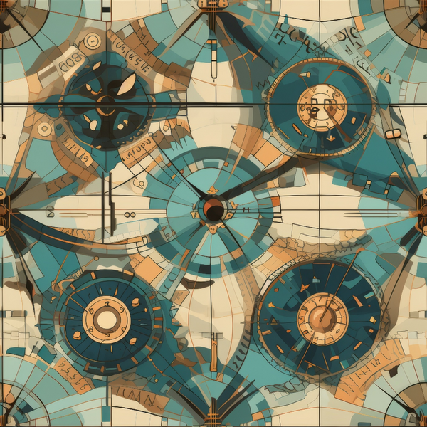 Abstract artwork featuring interconnected circular and geometric shapes in blue, beige, and orange tones.