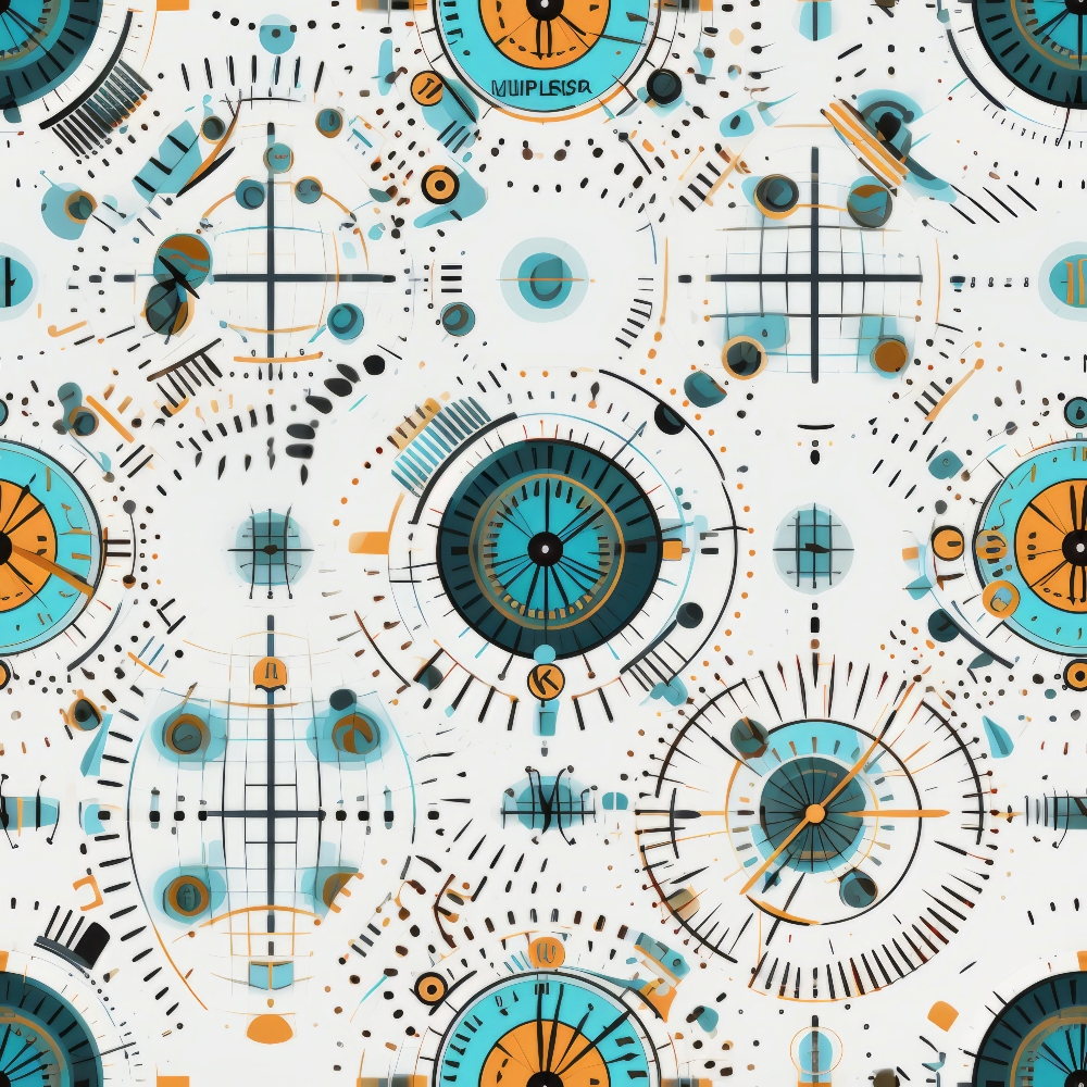 Abstract pattern with circular motifs, numbers, and lines in blue, orange, and black on a white background. Resembles clock faces and grid-like designs.