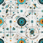 Abstract pattern with circular motifs, numbers, and lines in blue, orange, and black on a white background. Resembles clock faces and grid-like designs.