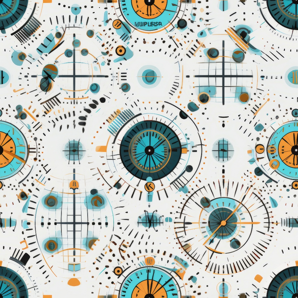 Abstract pattern with circular motifs, numbers, and lines in blue, orange, and black on a white background. Resembles clock faces and grid-like designs.