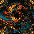 Abstract design featuring overlapping clock faces with Roman numerals, in vivid orange and blue hues on a dark background.